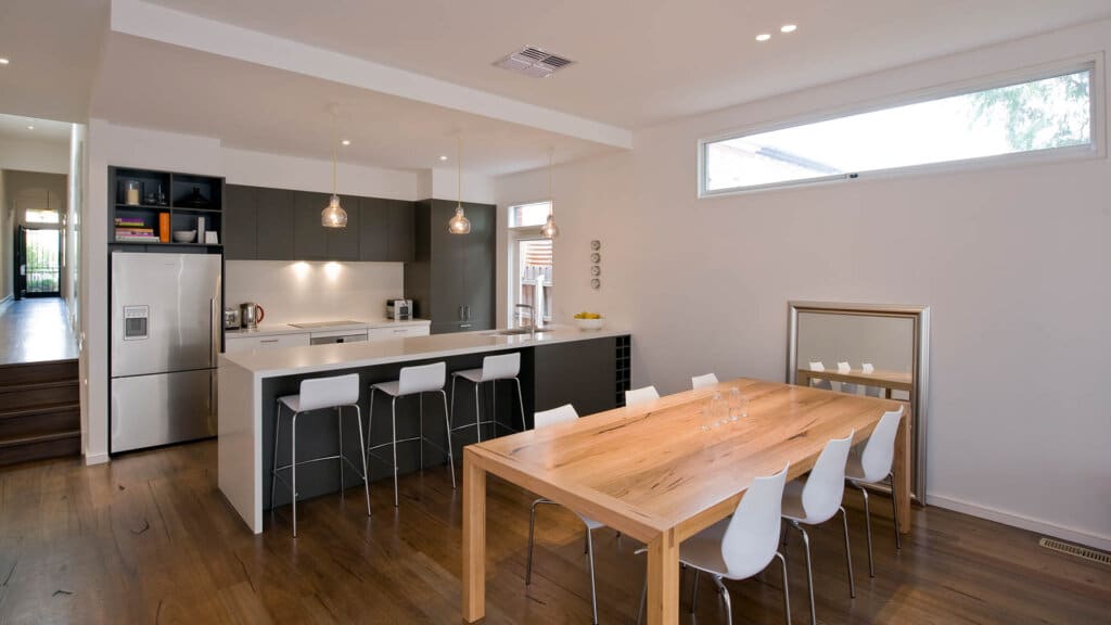 East Malvern demolition, extension and restoration - diagonal view of kitchen and lounge