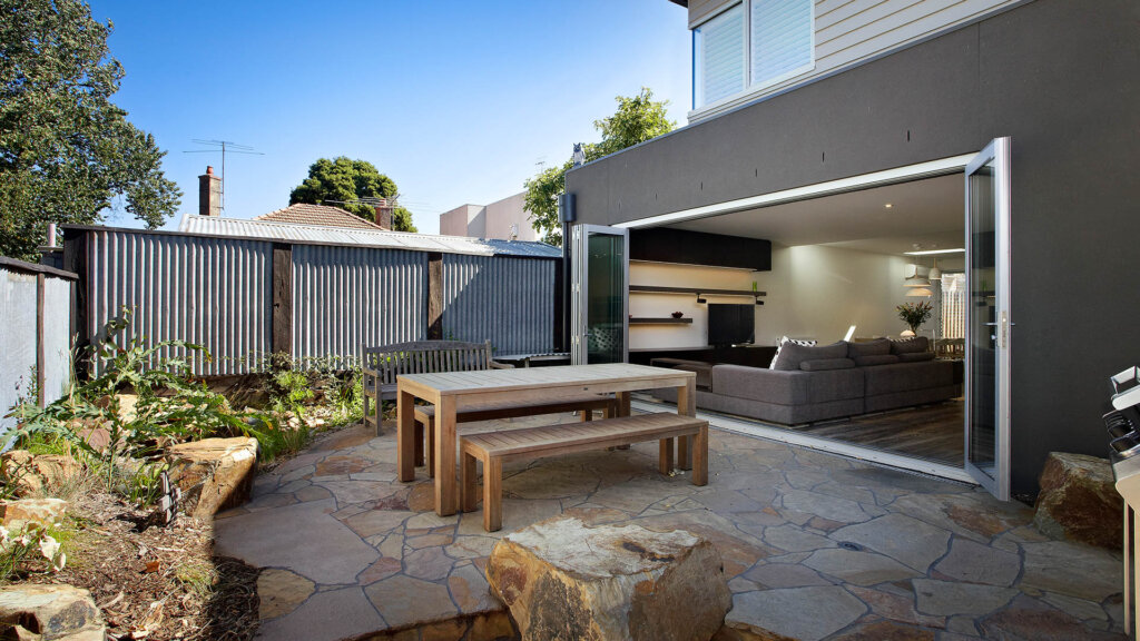 Clifton Hill major demolition, renovation and extension - diagonal view of outside barbeque area