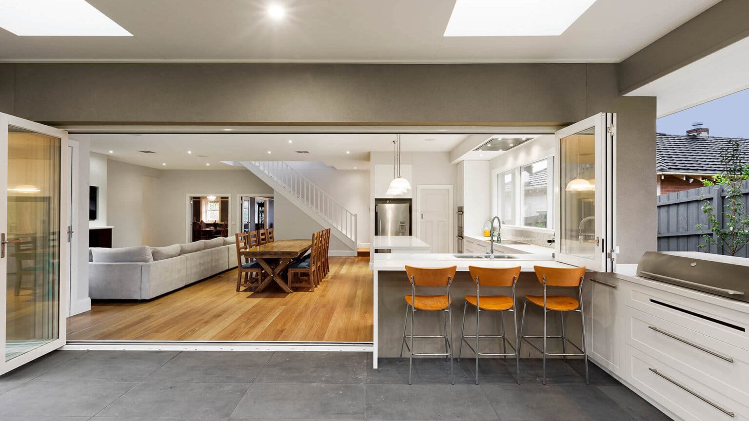 Glen Iris extension and renovation - view of lounge, dining room and kitchen