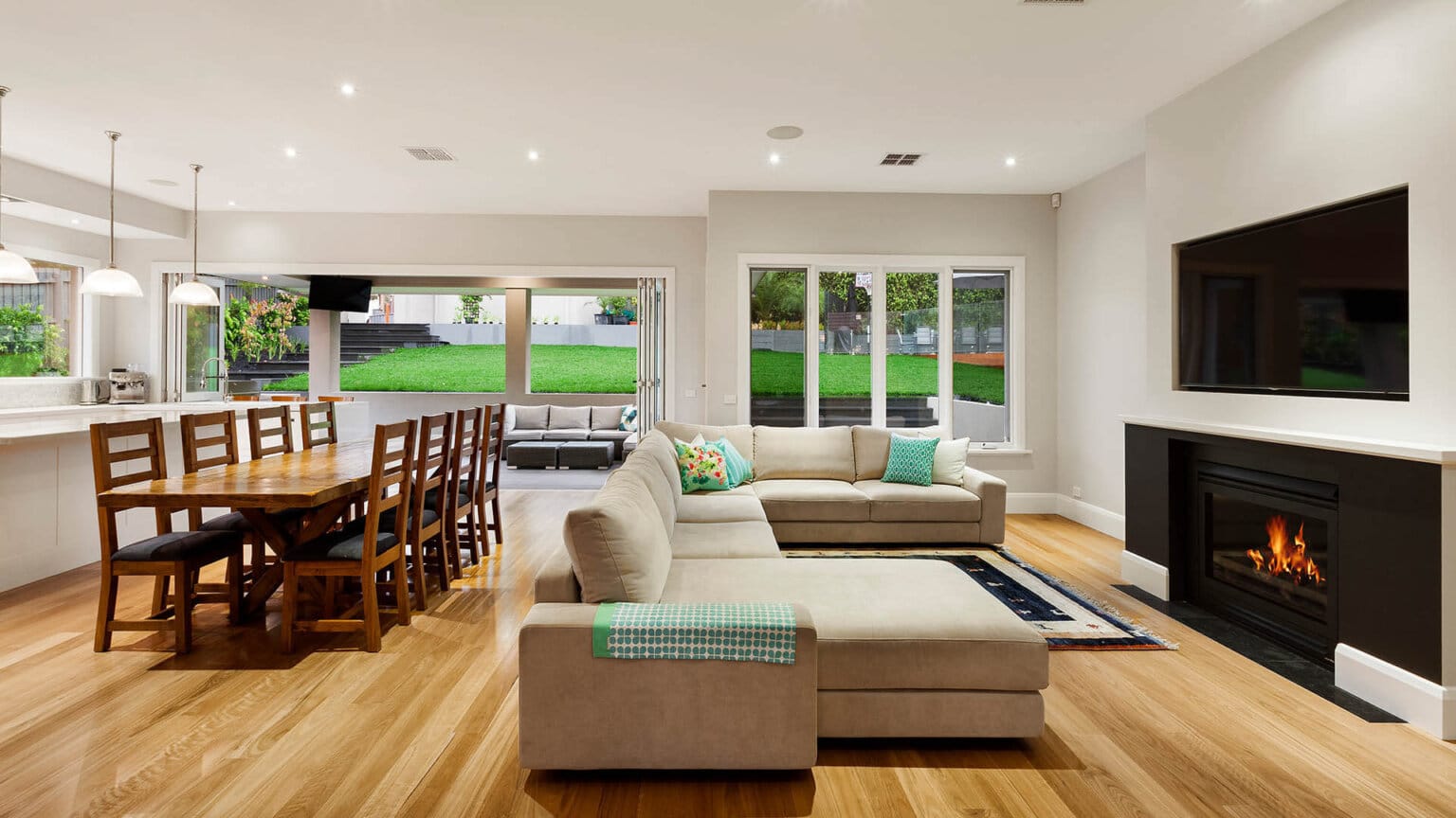 Glen Iris extension and renovation - lounge and fireplace, view from inside