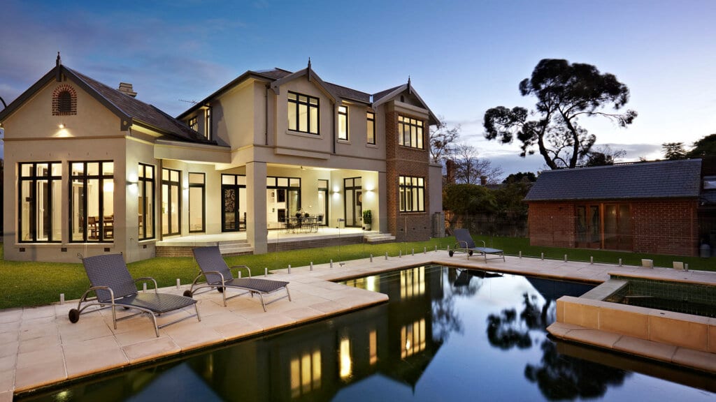 Hawthorn extension and renovations - diagonal view of house from the pool area