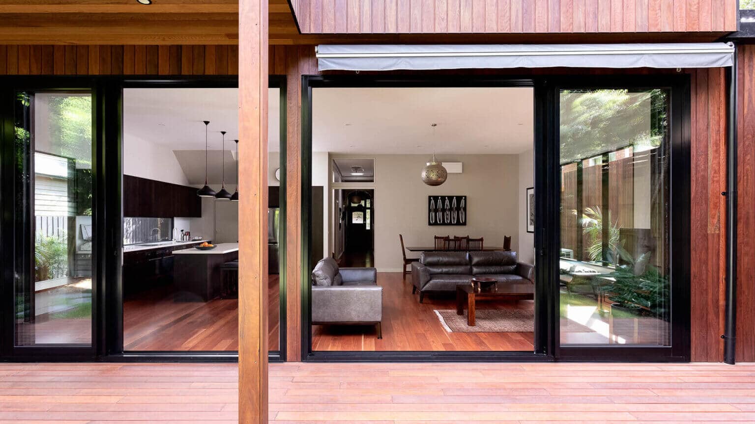 Caulfield South renovation and first floor extension - view from outside looking into living area