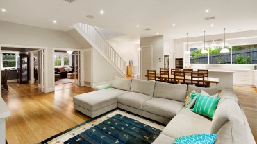 Glen Iris extension and renovation - open view of lounge, secondary lounge, dining room and kitchen